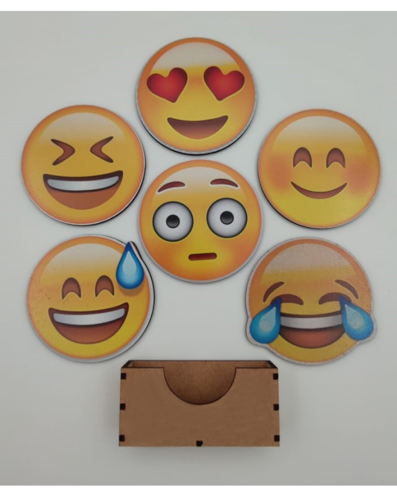 Caixa com 6 Bases de Copos Emoji em MDF Colorido